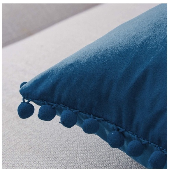 Trendy Navy Blue Modern Farmhouse Style Cute Pompom Throw Pillow Cover Set - Picture 4 of 16